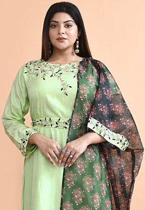 Hand Embroidered Art Silk Gown with attached Dupatta in Green