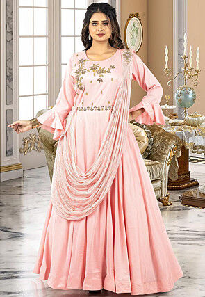 Hand Embroidered Art Silk Gown with Attached Dupatta in Peach