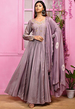 Purple Georgette Sleeveless Gown With Zardosi Embroidery And Sequins at Soch