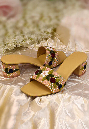 Hand Embroidered Art Silk Heels in Beige