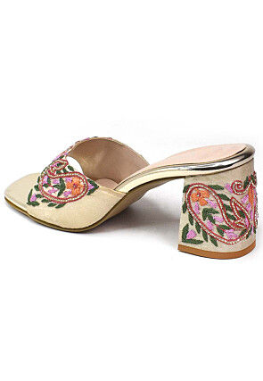 Hand Embroidered Art Silk Heels in Dusty Peach