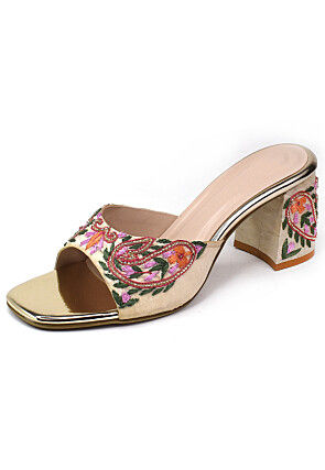 Hand Embroidered Art Silk Heels in Dusty Peach