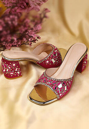 Hand Embroidered Art Silk Heels in Fuchsia