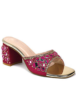 Hand Embroidered Art Silk Heels in Fuchsia