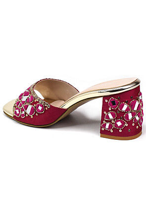 Hand Embroidered Art Silk Heels in Fuchsia
