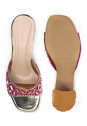 Hand Embroidered Art Silk Heels in Fuchsia