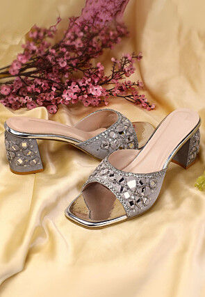Hand Embroidered Art Silk Heels in Grey