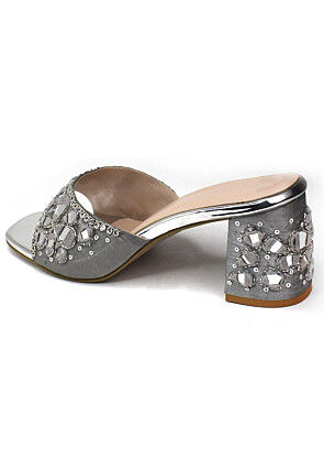 Hand Embroidered Art Silk Heels in Grey