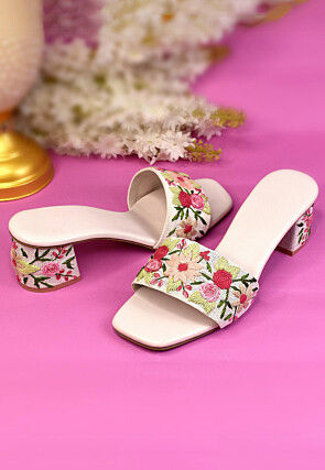 Hand Embroidered Art Silk Heels in Light Peach