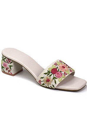 Hand Embroidered Art Silk Heels in Light Peach