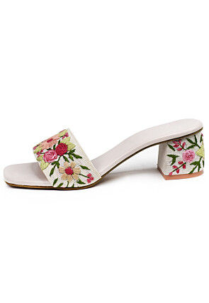 Hand Embroidered Art Silk Heels in Light Peach