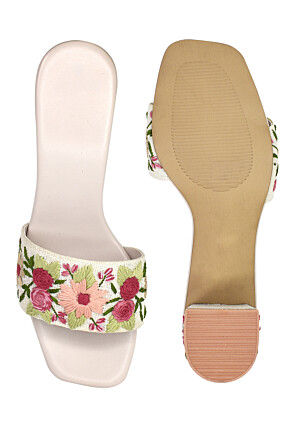 Hand Embroidered Art Silk Heels in Light Peach