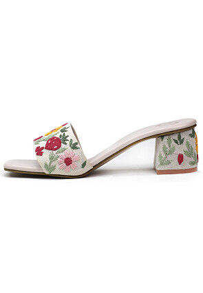 Hand Embroidered Art Silk Heels in Off White
