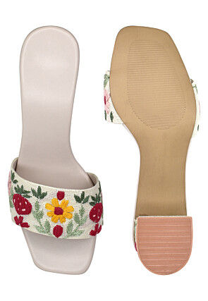 Hand Embroidered Art Silk Heels in Off White