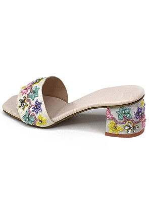 Hand Embroidered Art Silk Heels in Off White