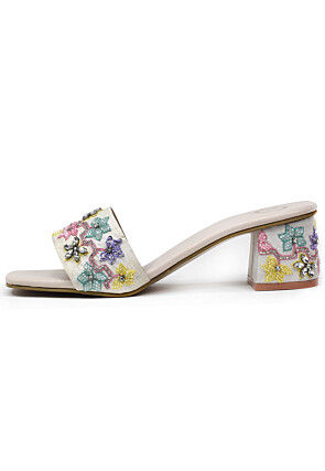 Hand Embroidered Art Silk Heels in Off White