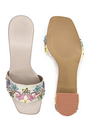 Hand Embroidered Art Silk Heels in Off White