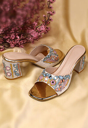 Hand Embroidered Art Silk Heels in Peach