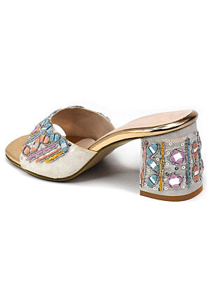 Hand Embroidered Art Silk Heels in Peach