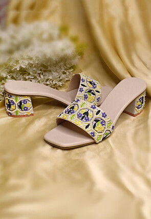 Hand Embroidered Art Silk Heels in Peach