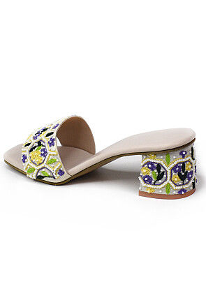 Hand Embroidered Art Silk Heels in Peach