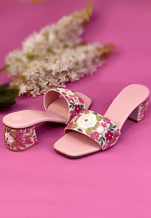 Hand Embroidered Art Silk Heels in Pink