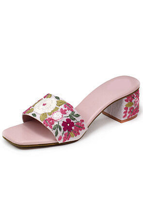 Hand Embroidered Art Silk Heels in Pink