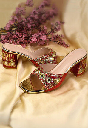 Hand Embroidered Art Silk Heels in Red