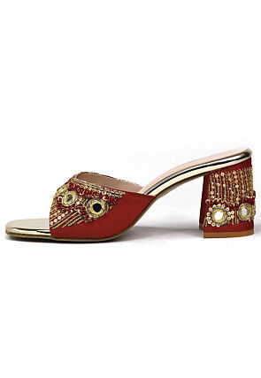 Hand Embroidered Art Silk Heels in Red