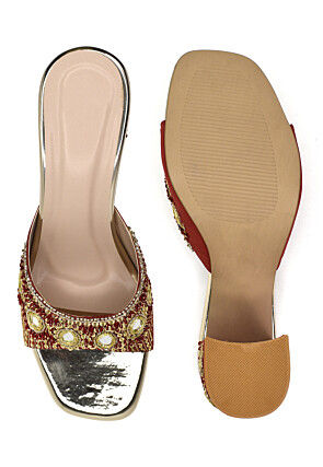 Hand Embroidered Art Silk Heels in Red