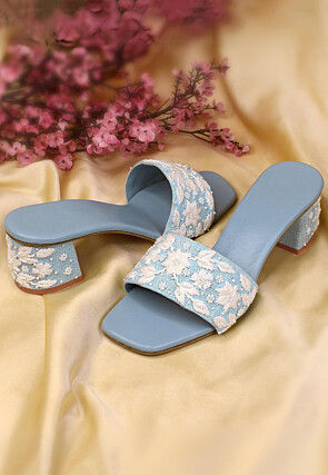 Hand Embroidered Art Silk Heels in Sky Blue