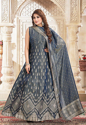 Hand Embroidered Art Silk Jacquard Abaya Style Suit in Navy Blue