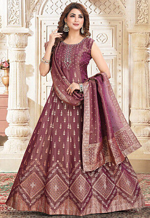 Hand Embroidered Art Silk Jacquard Abaya Style Suit in Purple