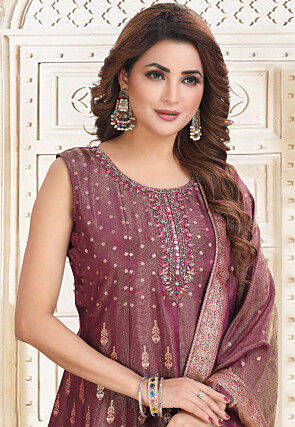 Hand Embroidered Art Silk Jacquard Abaya Style Suit in Purple