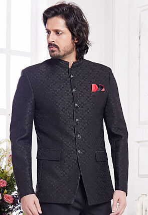 Hand Embroidered Art Silk Jacquard Jodhpuri Jacket in Black
