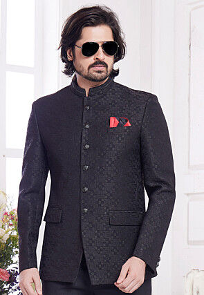 Hand Embroidered Art Silk Jacquard Jodhpuri Jacket in Black