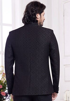 Hand Embroidered Art Silk Jacquard Jodhpuri Jacket in Black