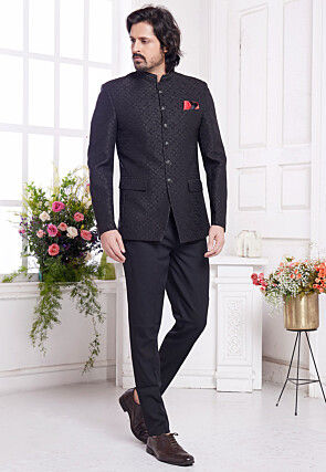 Hand Embroidered Art Silk Jacquard Jodhpuri Jacket in Black