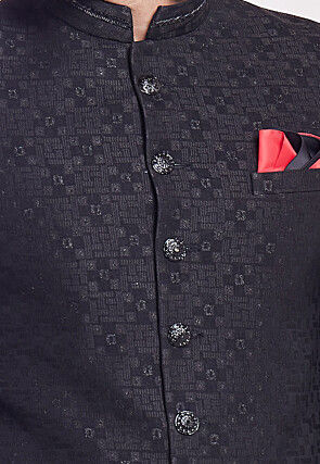 Hand Embroidered Art Silk Jacquard Jodhpuri Jacket in Black
