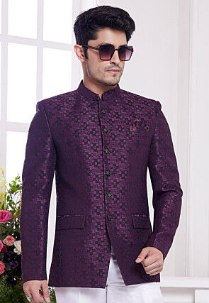 Hand Embroidered Art Silk Jacquard Jodhpuri Jacket in Purple
