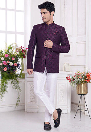 Hand Embroidered Art Silk Jacquard Jodhpuri Jacket in Purple