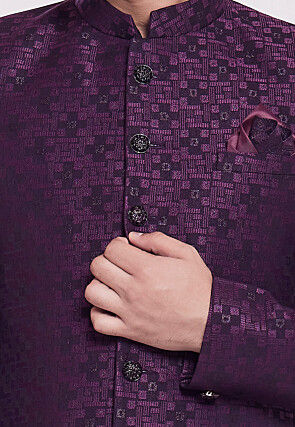 Hand Embroidered Art Silk Jacquard Jodhpuri Jacket in Purple