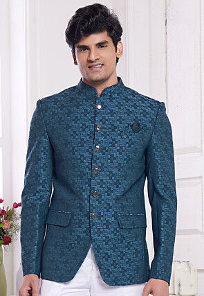 Hand Embroidered Art Silk Jacquard Jodhpuri Jacket in Teal Blue