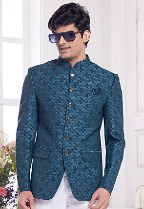 Hand Embroidered Art Silk Jacquard Jodhpuri Jacket in Teal Blue