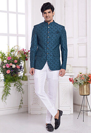 Hand Embroidered Art Silk Jacquard Jodhpuri Jacket in Teal Blue