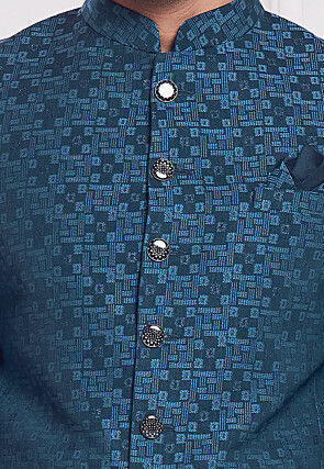 Hand Embroidered Art Silk Jacquard Jodhpuri Jacket in Teal Blue