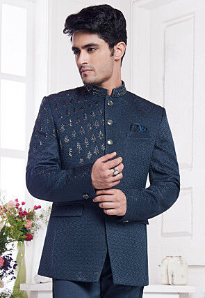 Hand Embroidered Art Silk Jacquard Jodhpuri Jacket in Teal Blue