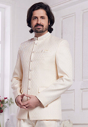 Hand Embroidered Art Silk Jacquard Jodhpuri Suit in Cream