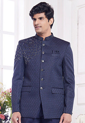 Hand Embroidered Art Silk Jacquard Jodhpuri Suit in Navy Blue