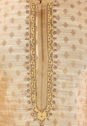 Hand Embroidered Art Silk Jacquard Kurta in Light Beige